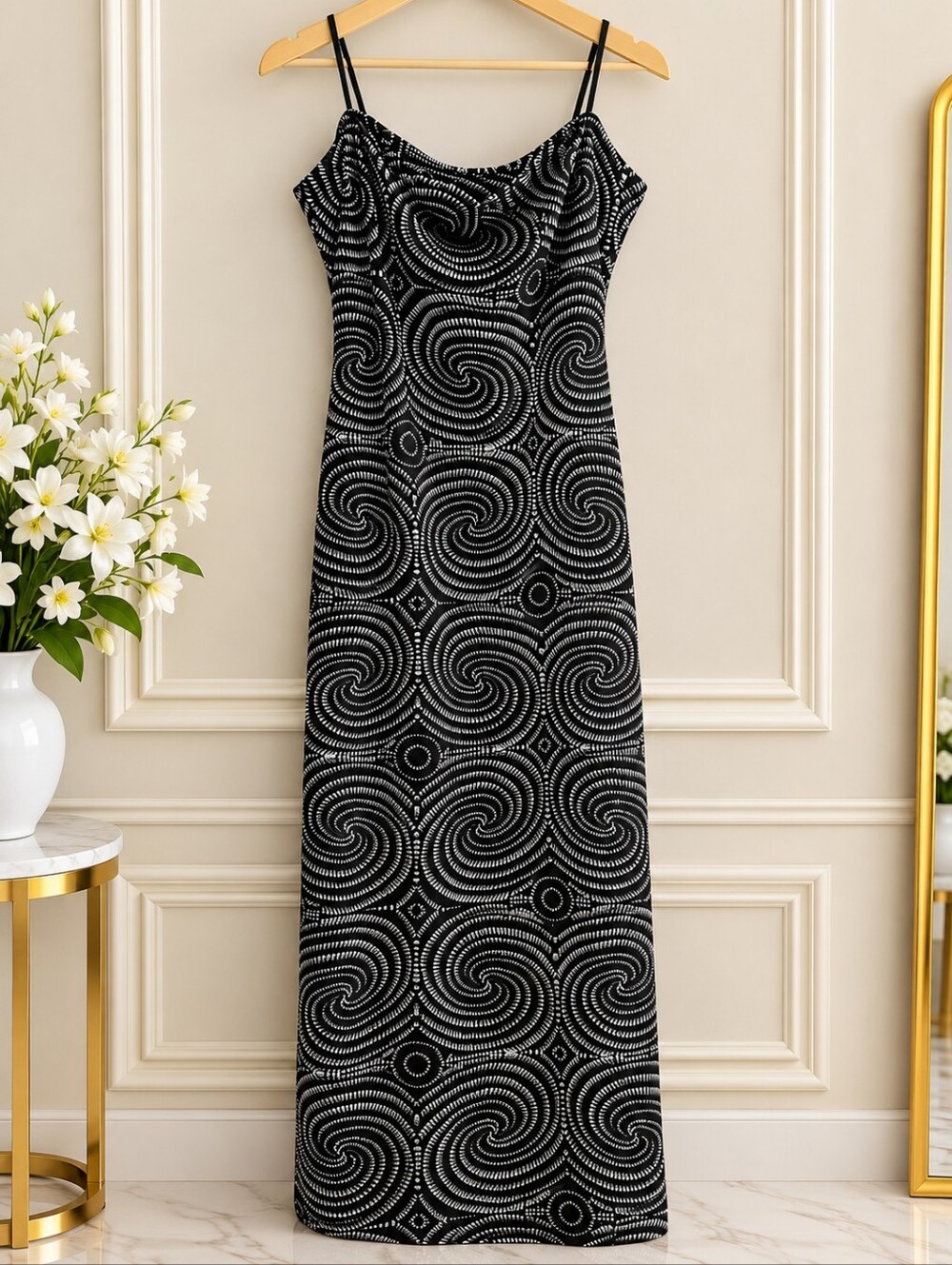 Forever 21 Black Maxi Slip Dress with White Swirl Pattern